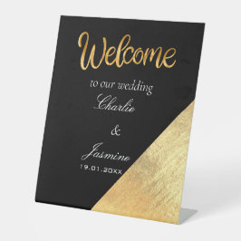 Elegante Moderne Zwarte & Gouden Folie Bruiloft   Reclamebord Met Voetstuk