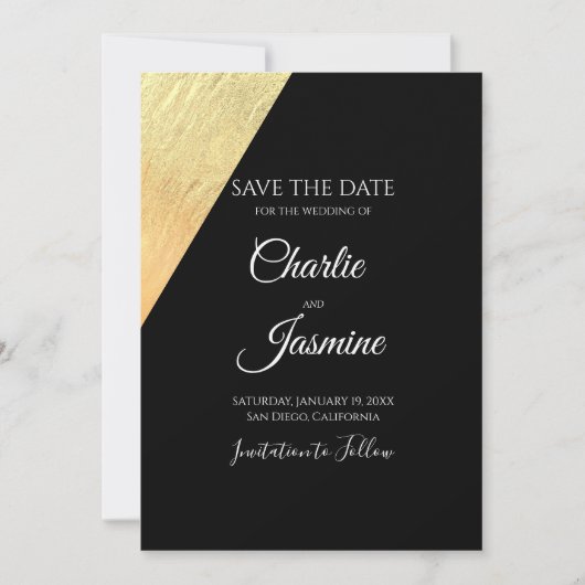 Elegante Moderne Zwarte & Gouden Folie Bruiloft Save The Date (Voorkant)