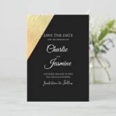 Elegante Moderne Zwarte & Gouden Folie Bruiloft Save The Date (Staand voorkant)