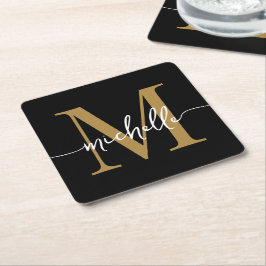 Elegante Moderne Zwarte Gouden Monogram Naam Scrip Kartonnen Onderzetters