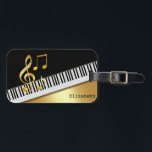 Elegante moderne zwarte gouden muzieknoten, pianot bagagelabel<br><div class="desc">Elegante gouden muzieknoten, pianotoetsen op zwarte achtergrond.</div>