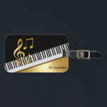 Elegante moderne zwarte gouden muzieknoten, pianot bagagelabel<br><div class="desc">Elegante gouden muzieknoten,  pianotoetsen op zwarte achtergrond.</div>