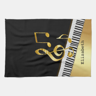 Elegante moderne zwarte gouden muzieknoten, pianot theedoek