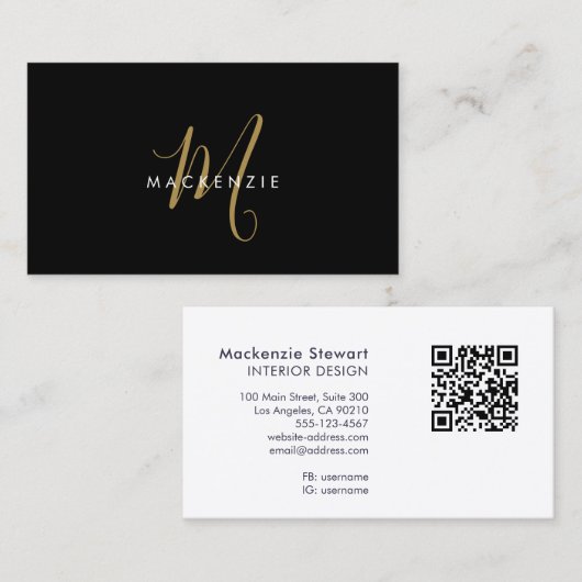 Elegante moderne zwarte gouden script monogram QR- Visitekaartje (Voorkant / Achterkant)