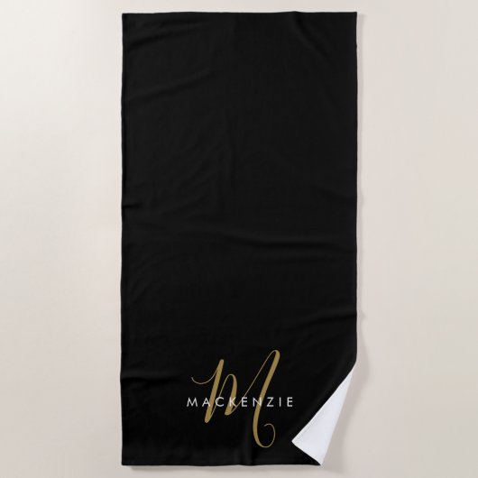 Elegante Moderne Zwarte Gouden Script Monogram Strandlaken (Voorkant)