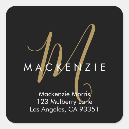 Elegante Moderne Zwarte Gouden Script Monogram Vierkante Sticker (Voorkant)