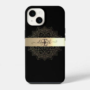Elegante Moderne Zwarte Gouden Streep Bloemrijke M iPhone 14 Hoesje