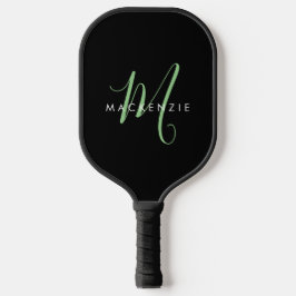 Elegante Moderne Zwarte Groene Script Monogram Pickleball Paddle