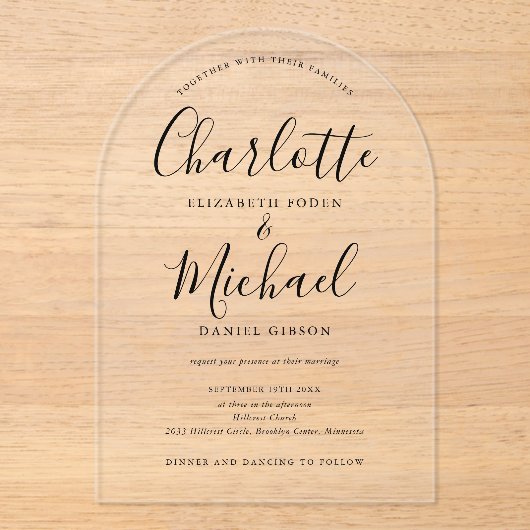 Elegante moderne zwarte handtekening script boog b acryl uitnodigingen (Voorkant)