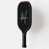 Elegante Moderne Zwarte Hemelblauwe Script Monogra Pickleball Paddle (Links)