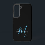 Elegante Moderne Zwarte Hemelblauwe Script Monogra Samsung Galaxy Hoesje<br><div class="desc">Elegante Moderne Zwarte Hemelblauwe Script Monogram Hoesje.  Een elegante hemelblauwe script monogram gecombineerd met een schoon wit sans-serif lettertype geeft een eigentijdse look.</div>