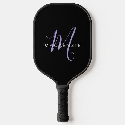 Elegante moderne zwarte lavendel script monogram pickleball paddle (Voorkant)