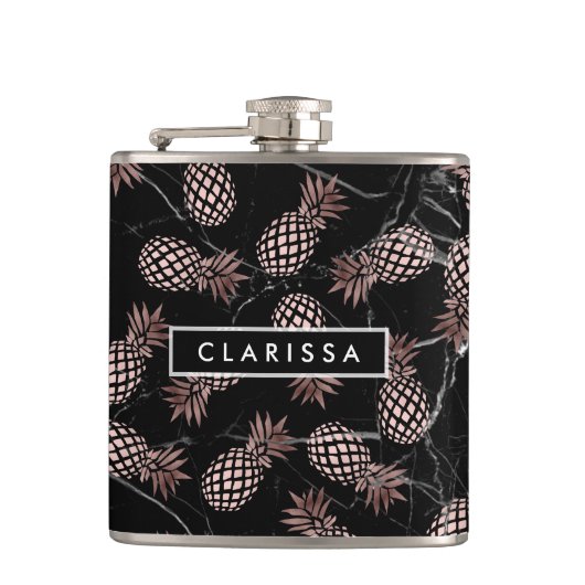 elegante moderne zwarte marmer roos gouden ananana heupfles (Voorkant)