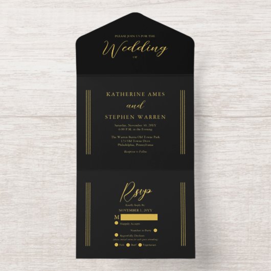 Elegante moderne zwarte minimalistische bruiloft all in one uitnodiging (Binnenkant)