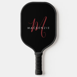 Elegante Moderne Zwarte Rode Script Monogram Pickleball Paddle