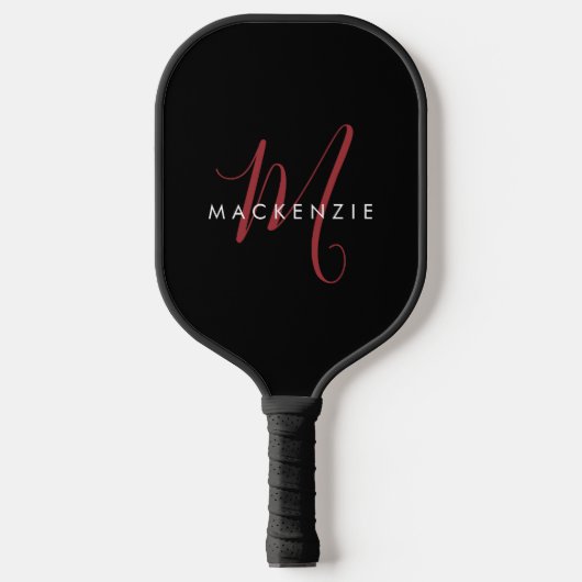 Elegante Moderne Zwarte Rode Script Monogram Pickleball Paddle (Voorkant)