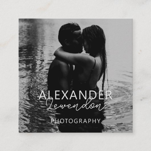 Elegante moderne zwarte script foto minimale QR-co Vierkante Visitekaartje (Voorkant)