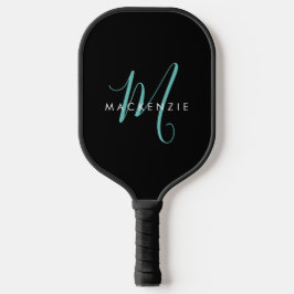 Elegante Moderne Zwarte Teal Script Monogram Pickleball Paddle