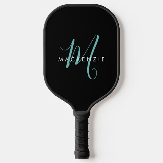 Elegante Moderne Zwarte Teal Script Monogram Pickleball Paddle (Voorkant)