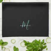 Elegante Moderne Zwarte Teal Script Monogram Theedoek (Gevouwen)