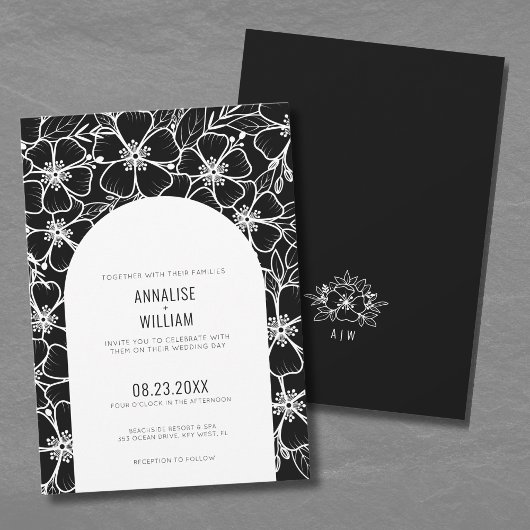 Elegante Moderne Zwarte Witte Bloemige Bruiloft Kaart