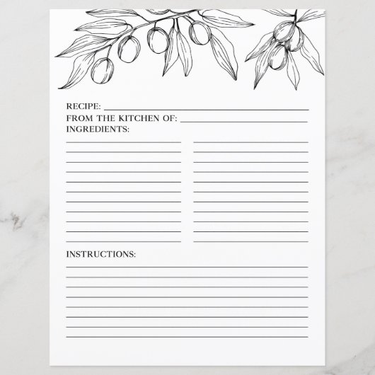 Elegante Moderne Zwarte Witte Botanische Receptpag (Voorkant)