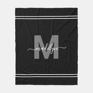 Elegante Moderne Zwarte Witte Script Naam Monogram Fleece Deken