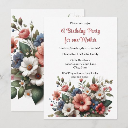 Elegante moeder Happy Birthday Party uitnodiging (Voorkant / Achterkant)