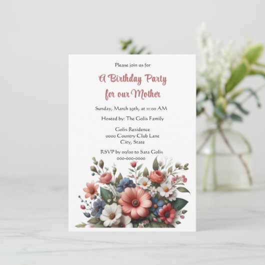 Elegante moeder Happy Birthday Party uitnodiging (Staand voorkant)