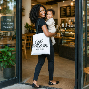 Elegante Moeder Opgericht Jaar Zwarte Script Tote Bag