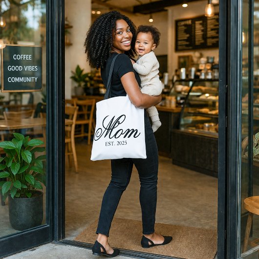 Elegante Moeder Opgericht Jaar Zwarte Script Tote Bag