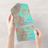 Elegante Moeder-van-Parel Groene Bruiloft All In One Uitnodiging (Afscheurbaar)