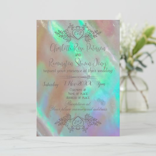 Elegante Moeder-van-Parel Groene Bruiloft Kaart (Staand voorkant)