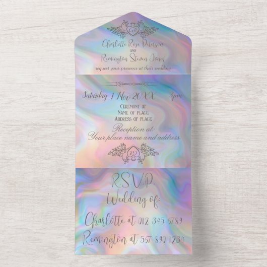 Elegante moeder-van-parel kleurrijke bruiloft all in one uitnodiging (Binnen)