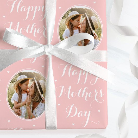 Elegante Moederdag Aangepaste Foto Roze Wit Cadeaupapier