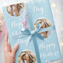 Elegante Moederdag gepersonaliseerde foto blauw Cadeaupapier