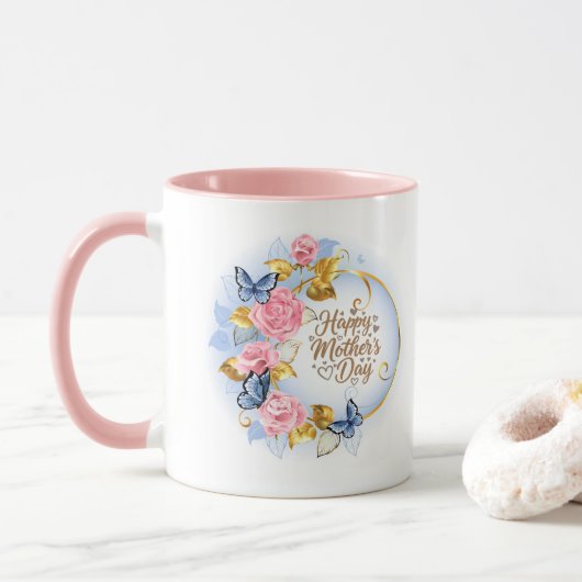Elegante Moederdag I Roze Roos & Blauwe Vlinder Mok (Met donut)