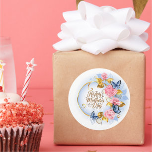Elegante Moederdag I Roze Roos & Blauwe Vlinder Ronde Sticker