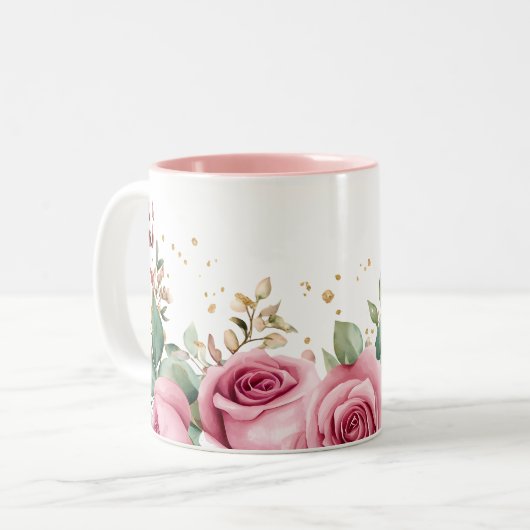 Elegante Mok met roze rozen en groen (Voorkant links)