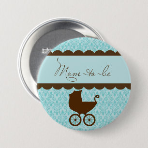 Elegante Mom-to-Be Baby Carriage en Blue Damask Ronde Button 7,6 Cm