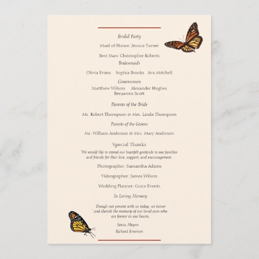 Elegante Monarch Butterfly Herfst Floral Wedding Programmakaart (Achterkant)