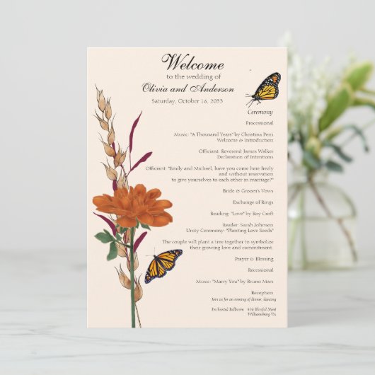 Elegante Monarch Butterfly Herfst Floral Wedding Programmakaart (Staand voorkant)