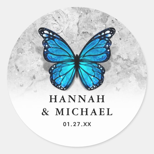Elegante Monarch Sjabloon Blue Butterfly Wedding Ronde Sticker (Voorkant)