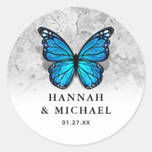 Elegante Monarch Sjabloon Blue Butterfly Wedding Ronde Sticker