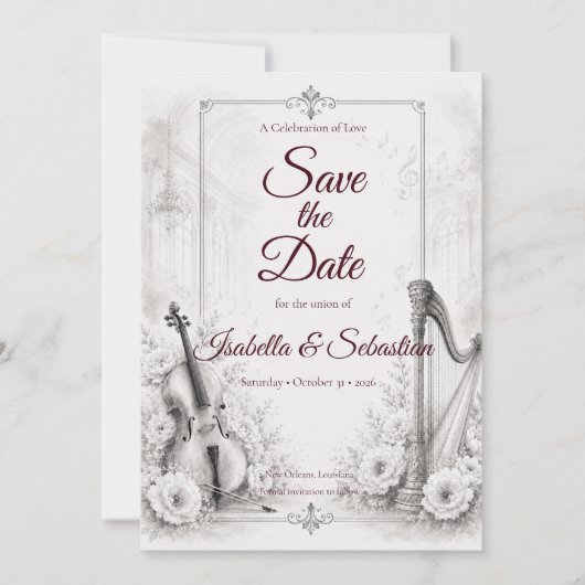 Elegante Monochrome Muzikale Bruiloft Save The Date (Voorkant)