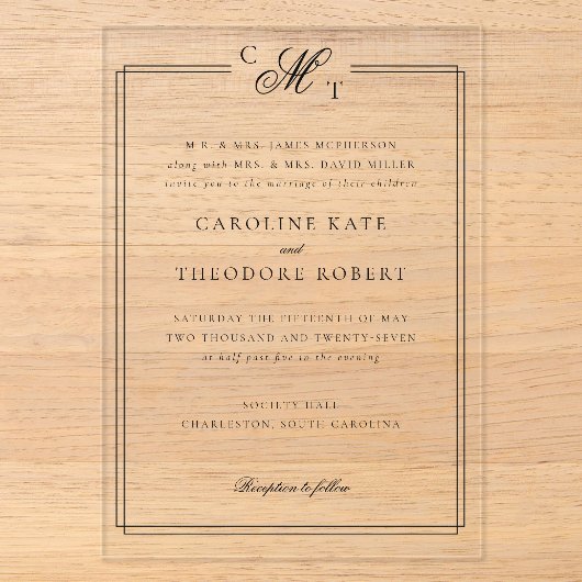 Elegante Monogram Acryl Trouw Uitnodiging (Voorkant)