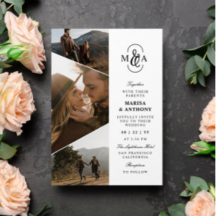 Elegante Monogram Asymmetrische Foto's Huwelijk Kaart