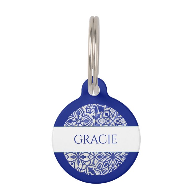 Elegante Monogram Blaadje Blauwe Witte Tegel Huisdierpenning (Voorkant)