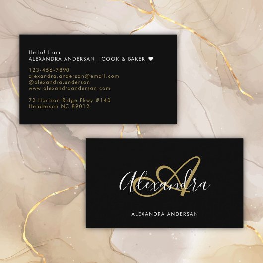 Elegante Monogram Black Gold Script Naam Visitekaartje