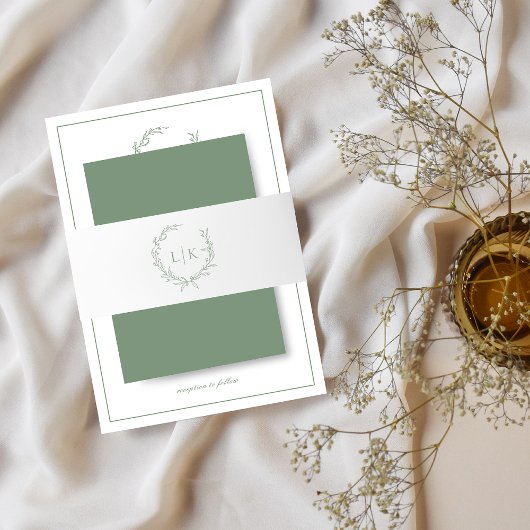 Elegante Monogram Bladkam Sage Green Wedding Uitnodigingen Wikkel